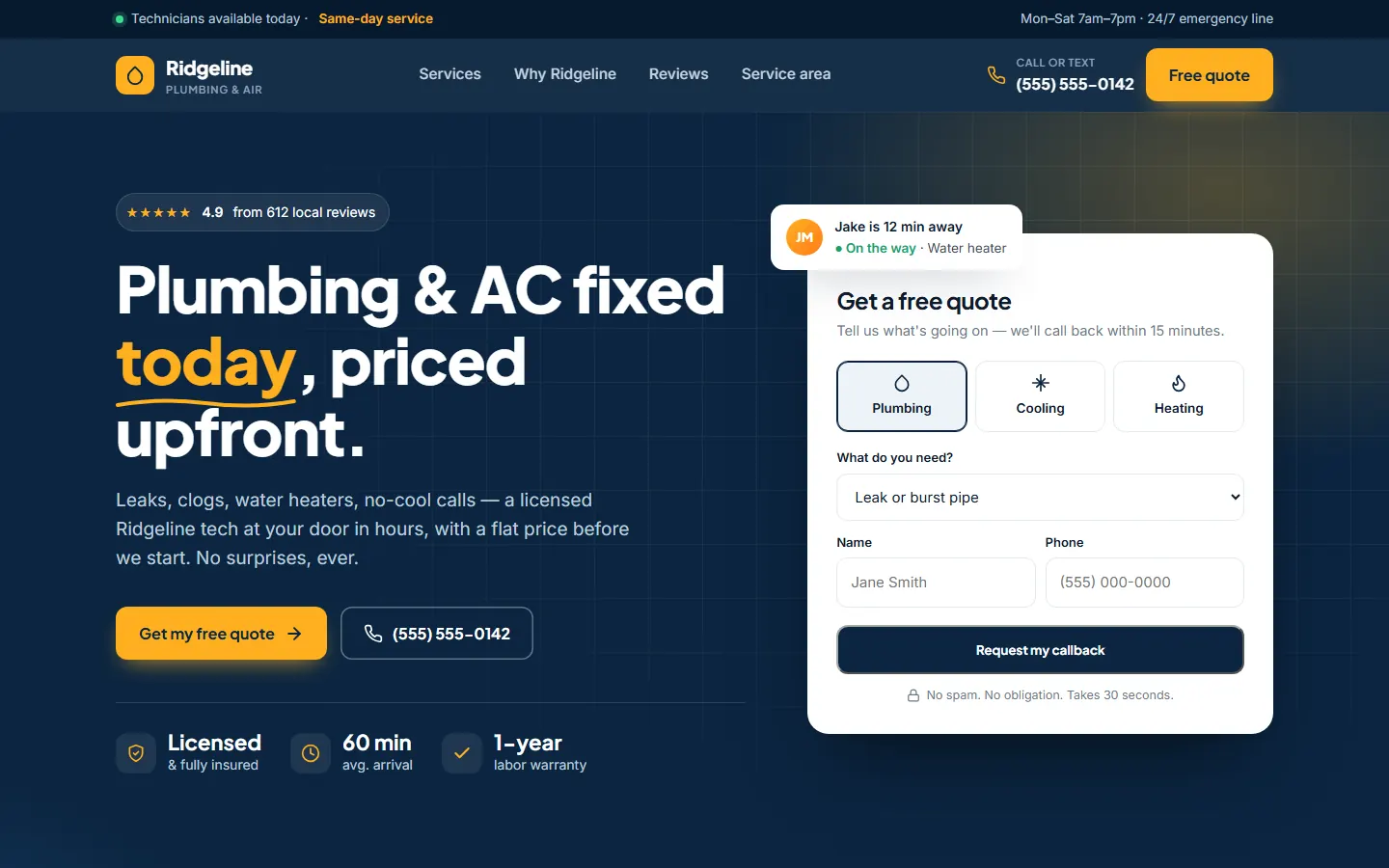 Redesigned Ridgeline Plumbing website: modern, with a quote form and call button
